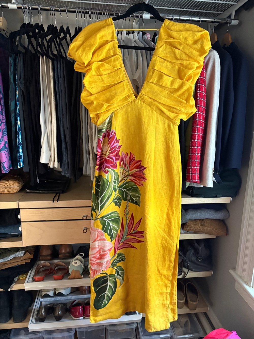 FARM Rio Yellow Floral V-Neck Maxi Dress with Ruffle Shoulders